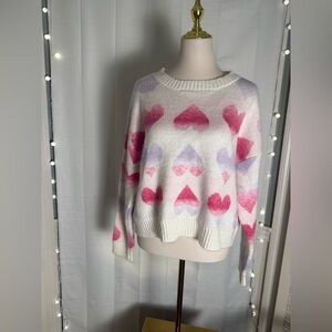 MAJOR Label Group Heart Print Sweater White Pink Purple Women’s Size Large